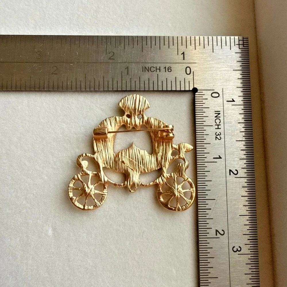 Pumpkin Carriage Brooch Gold Tone AB Rhinestone Princess Fairytale Statement Pin
